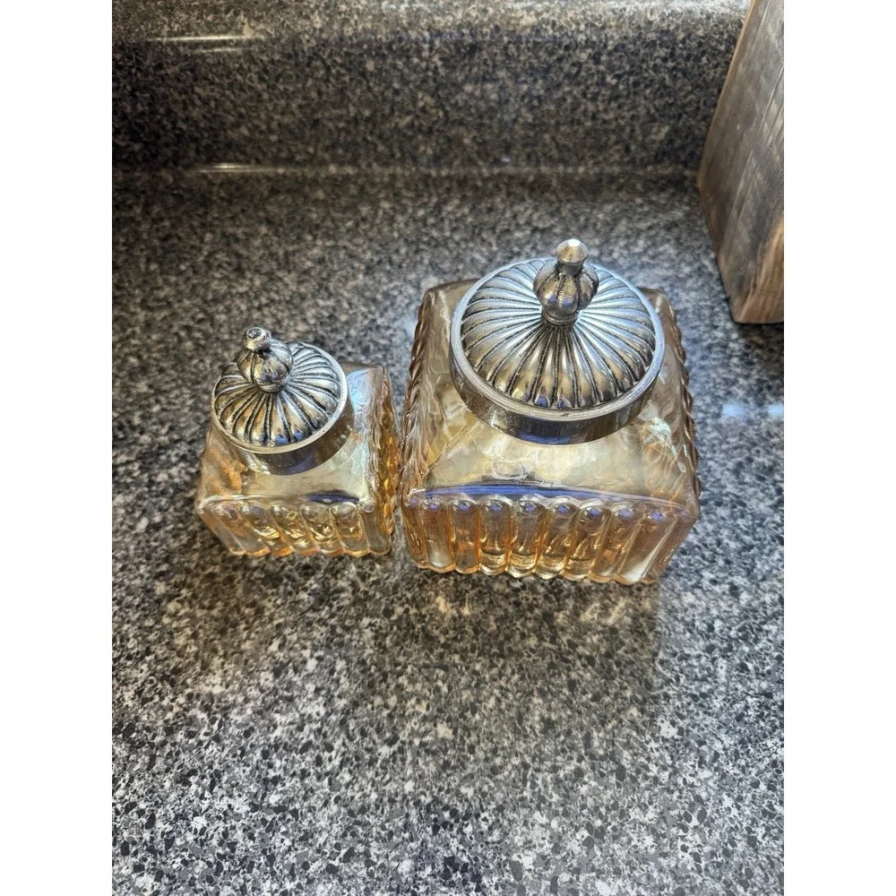 2- ANDREA by SADEK CANISTER/CONTAINERS Iridescent Amber/Gold‎  Silver Tone Lids